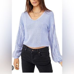 Free people when it rains v neck knit sweater xs oversized blue